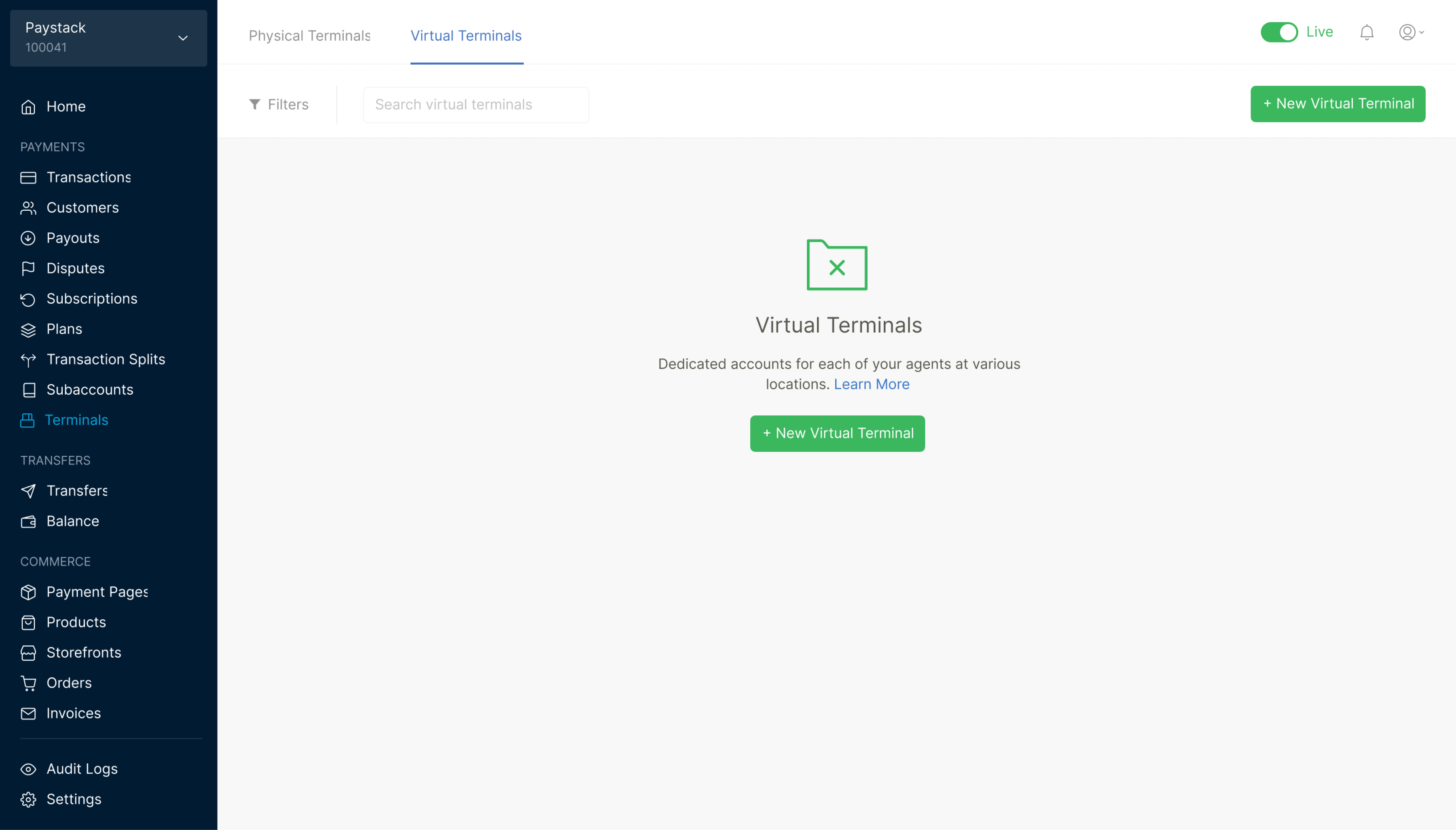 1st iteration of VT on the dashboard showing an empty state with no Virtual Terminals created